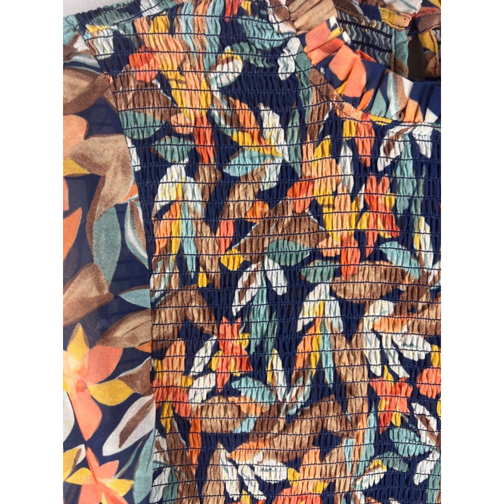 THML XS Smocked Floral Blouse Boho Peplum Long Sleeve Ruffle Neck Boho - Picture 3 of 4